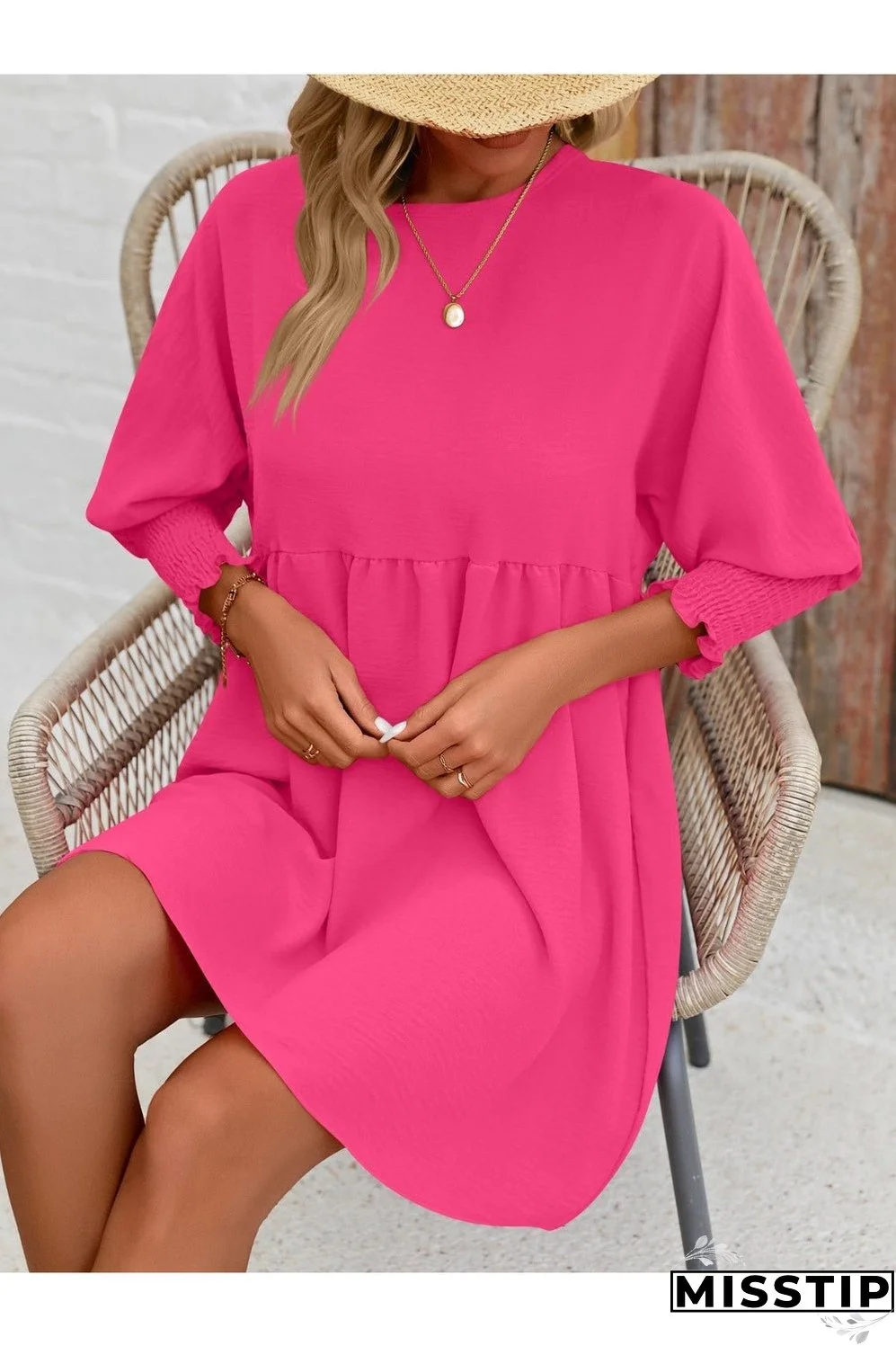 Round Neck Lantern Sleeve Mini Dress