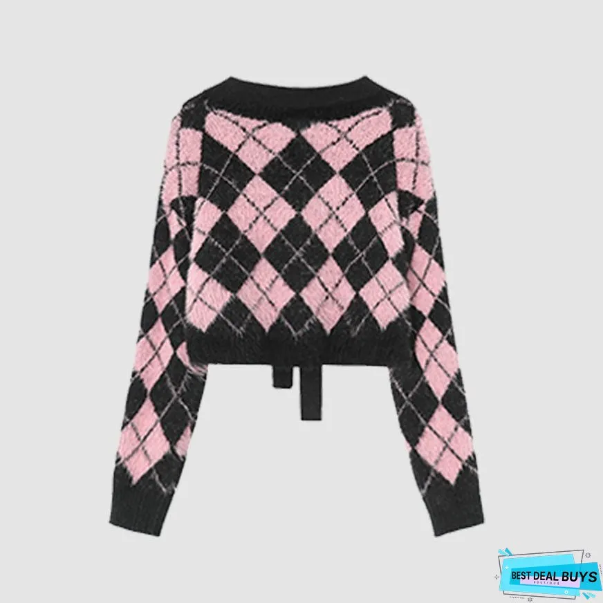 Tie + Argyle Pattern Cropped Sweater
