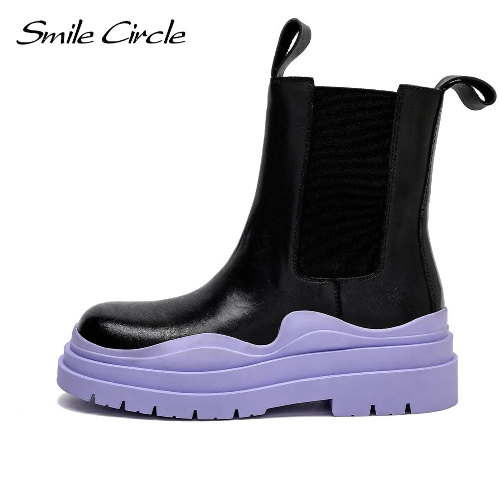 Smile Circle Ankle Boots Women Flats Platform shoes Genuine Leather Fashion Thick bottom Ladies Short Boots 2021