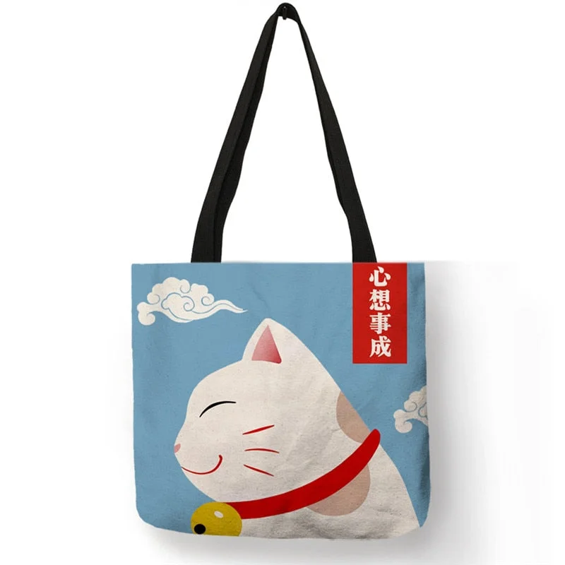 B13011 Cute Iapanese Fortune Cat Print Women Handbags Shoulder Bag Reusable Shopping Bags Large Capacity