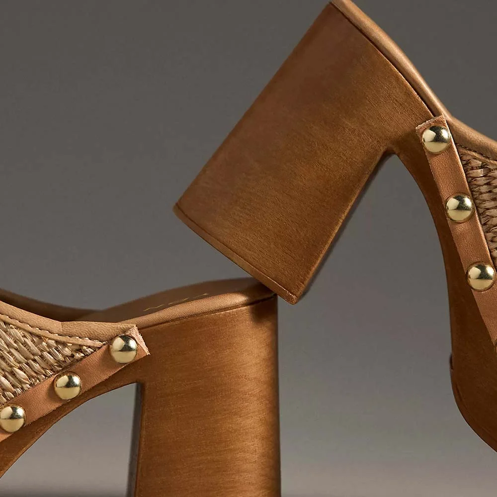 Raffia Round Toe Platform Studded Mules Shoes with Chunky Heel