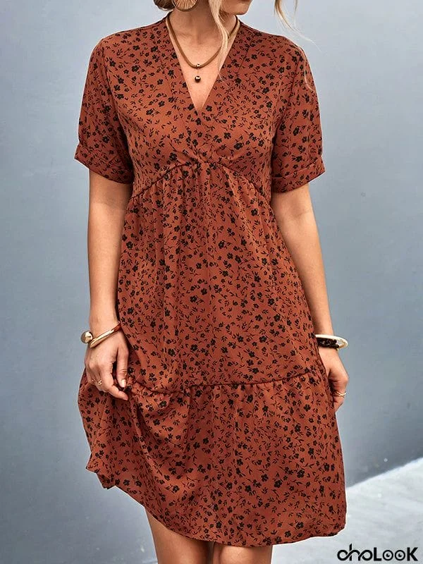 Short Sleeves Flower Print Split-Joint V-Neck Mini Dresses