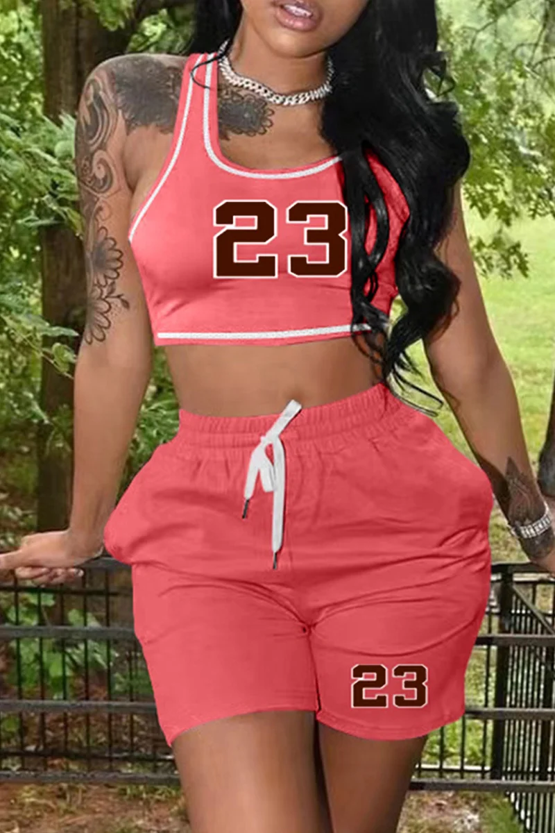 Coral Powder Casual Sportswear Print Basic U Neck Sleeveless Two Pieces