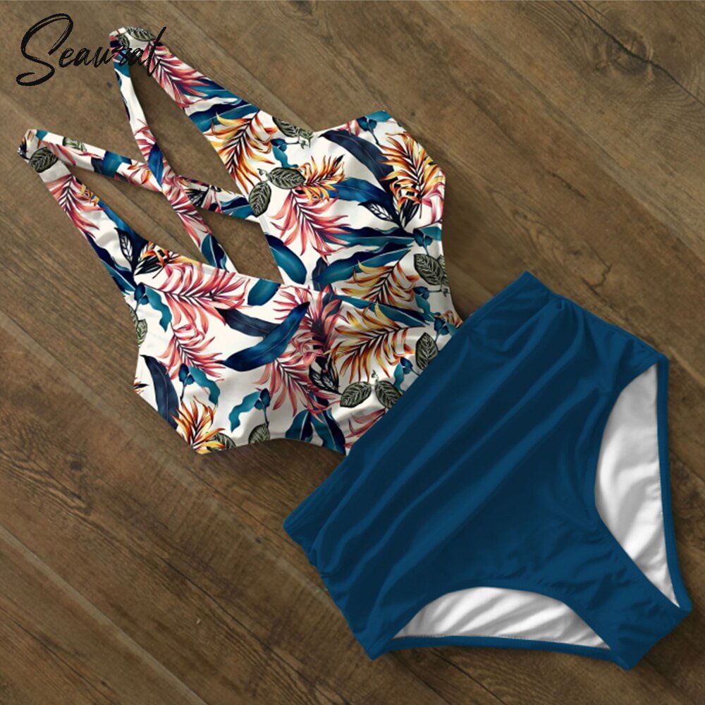 Sexy Halter One Piece Swimsuit 2020 New Swimwear Women High Waist Print Bathing Suit Patchwork Beachwear Backless Monokini XXL