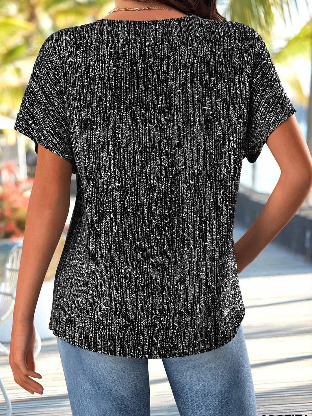 Women Short Sleeve V-neck Printed Graphic Button Tops