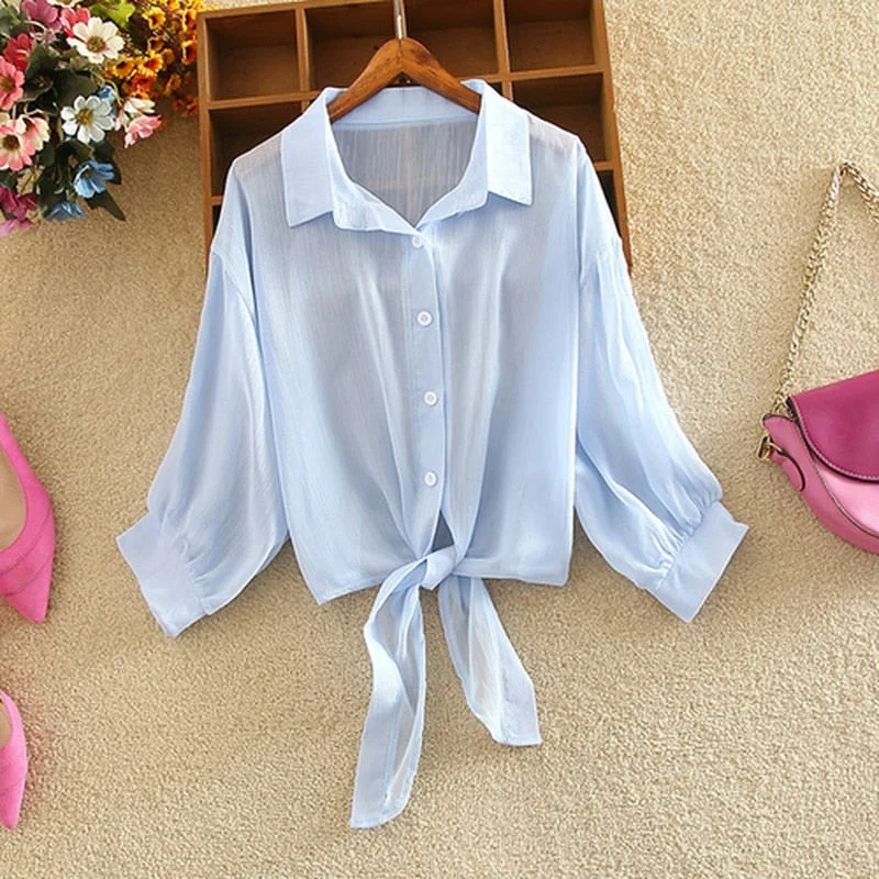 New 2022 Summer Half Sleeve Buttoned Up Shirt Loose Casual Blouse Chiffon Shirts Women Tied Waist Elegant Blouses for Women