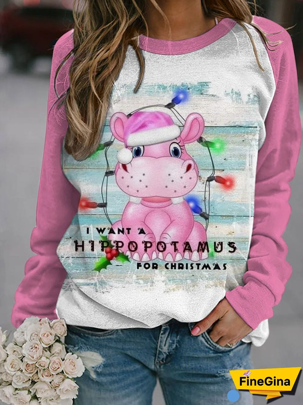Christmas Hippopotamus Print Long Sleeve Casual Top