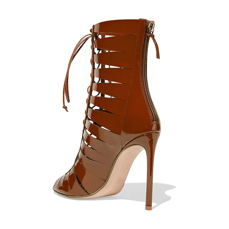 Tan Lace-Up Gladiator Stiletto Heels in Patent Leather Vdcoo