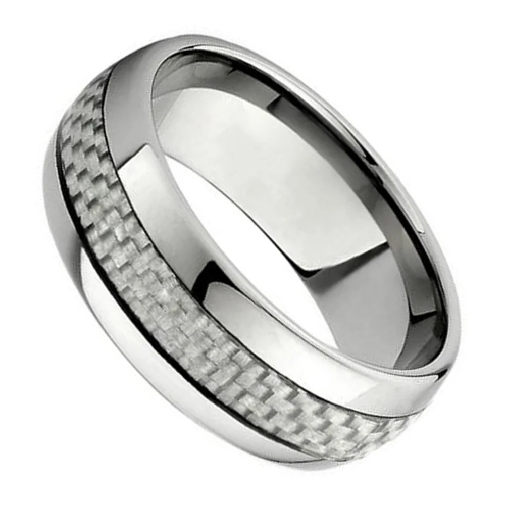 8MM Couple Tungsten Rings Inlaid Silver Carbon Fiber Wedding Band
