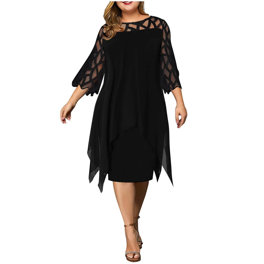 Plus Size Dress Women Black Dresses Perspective Mesh Chiffon Hollow Out O-Neck Elegant Dresses Casual Ladies Party Dress 2021