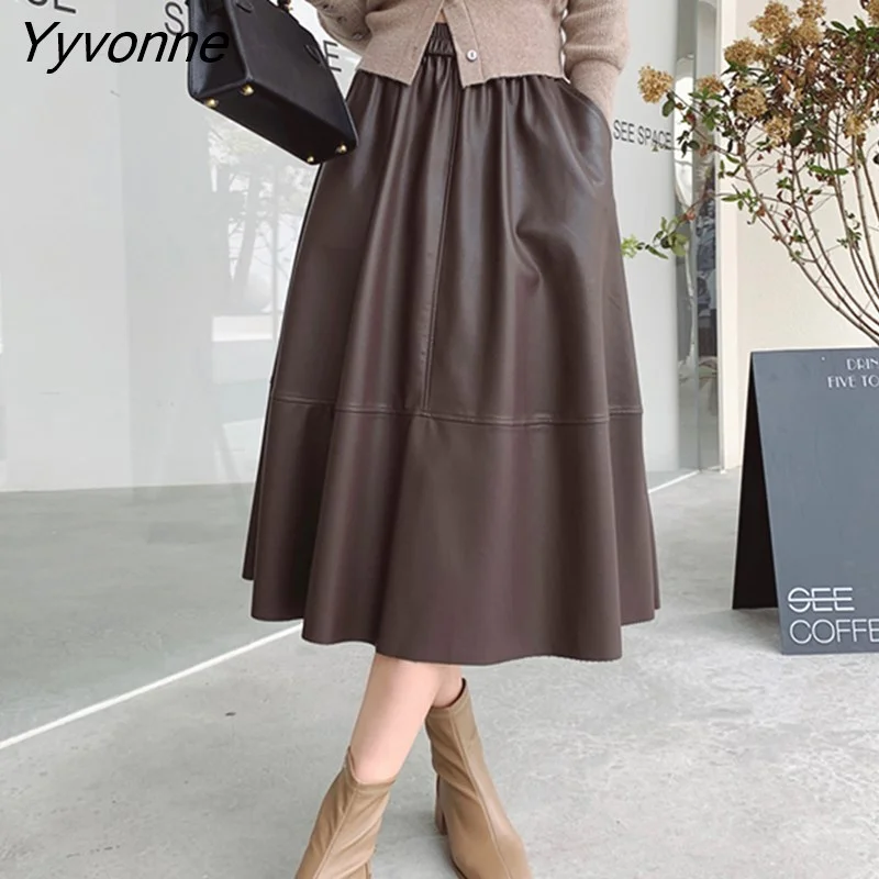 Yyvonne Elegant Women PU Skirts Elastic High Waist Pockets Faux Leather A-line Skirts Female Spring Autumn