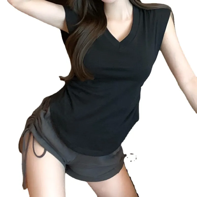 Brownm Brownm Arc Hem Solid Color Top 2024 Summer New Casual V Collar Waist Show Thin Flying Sleeve T-Shirt Women