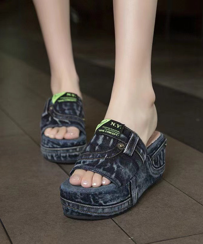 VCSHOES Blue Denim Wedge Slide Sandals Peep Toe