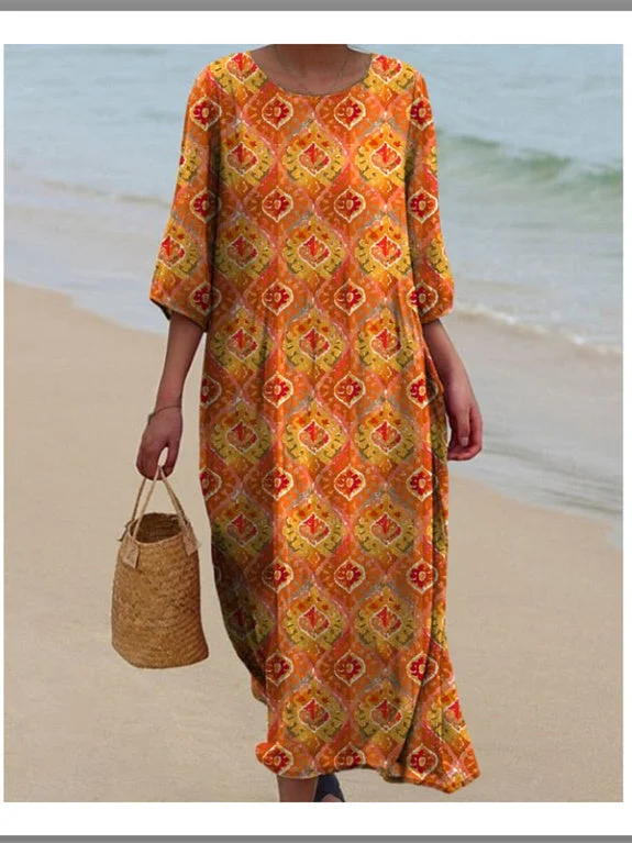 Women's 3/4 Sleeve Scoop Neck Graphic Printed Midi Dress