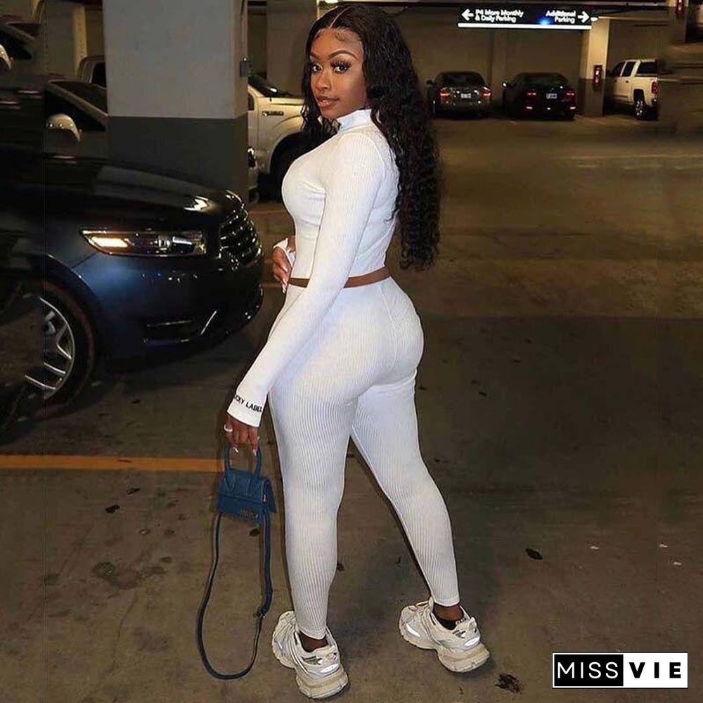 Autumn Ribbed Tracksuit Set Women Two Piece Outfits Work Out Sweat Suits Crop Top Women Set Fitness Sweatsuit Female