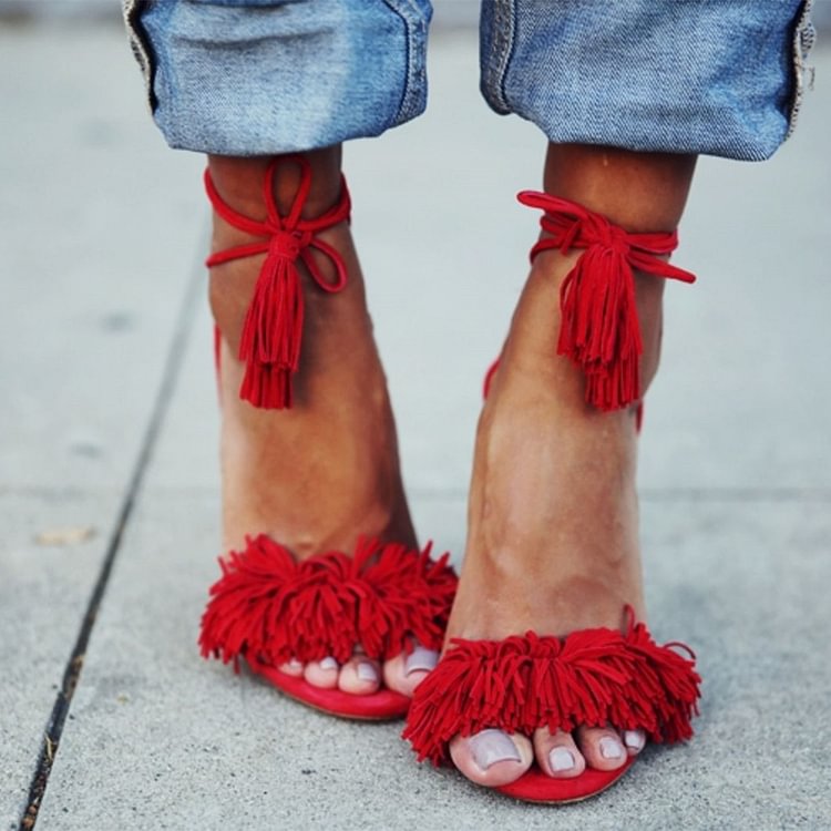 Red Fringe Sandals Tassels Strappy Heels |FSJ Shoes