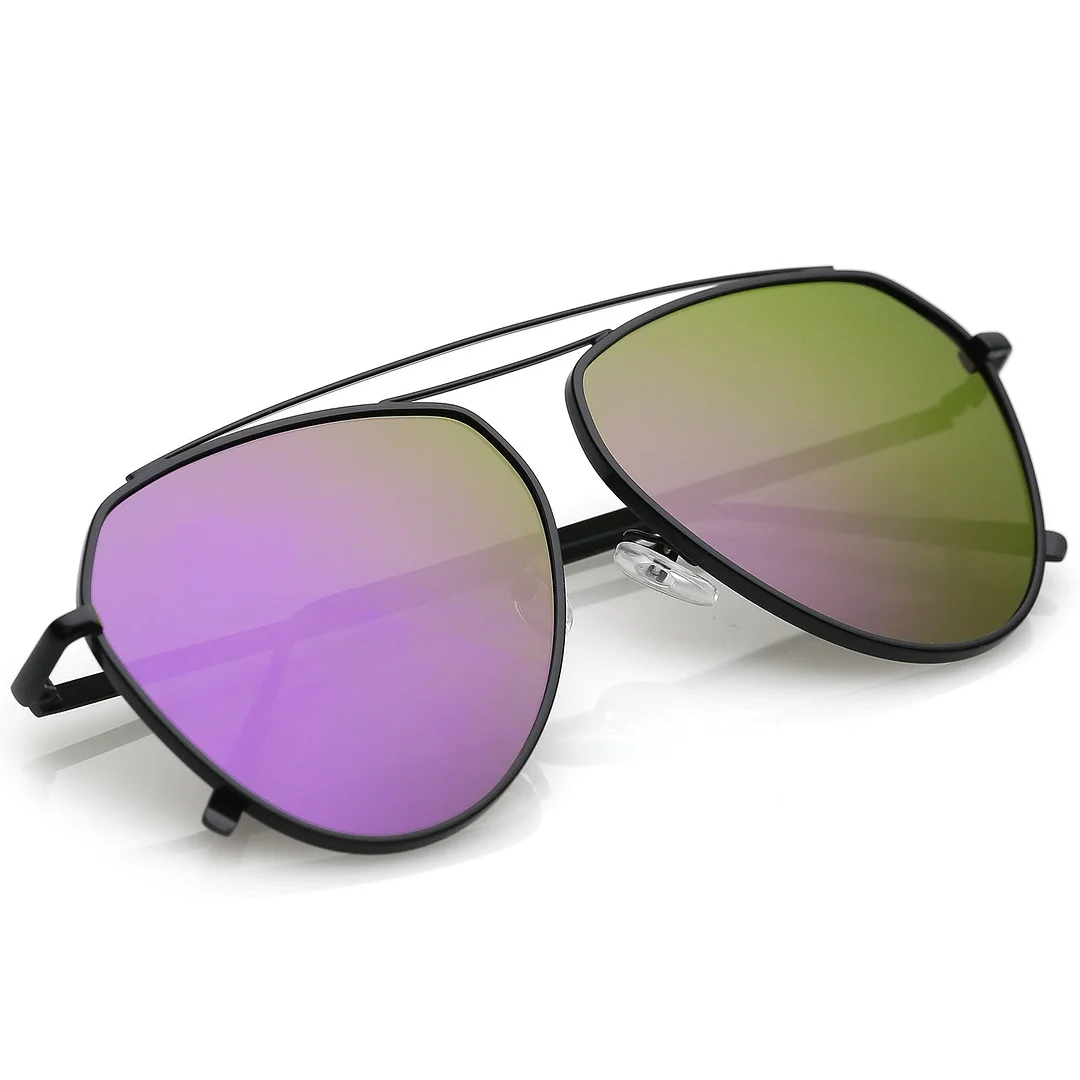 Oversize Metal Aviator glasses Curved Crossbar Colored Mirror Flat Lens 59mm