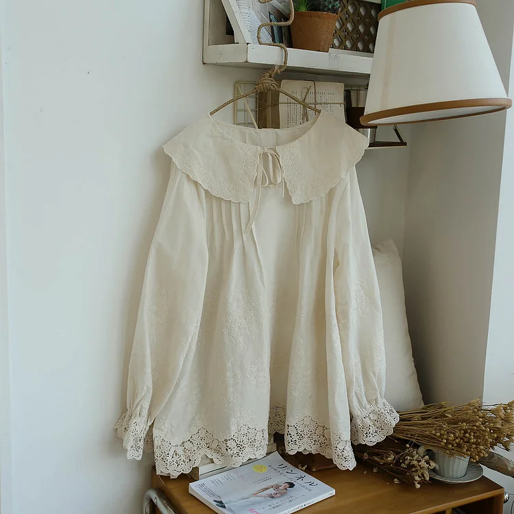 Fairy Tales Aesthetic Morikei Pure Cotton Lace Embroidered Shirt QueenFunky
