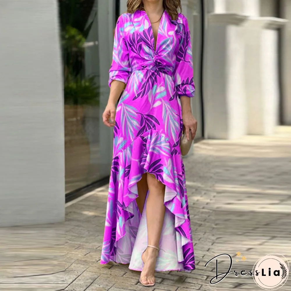 Ladies Elegant Floral Print Irregular Ruffle Dress Women High Street Party Shirt Maxi Dress New Fashion Lace-Up Slim Long Dress