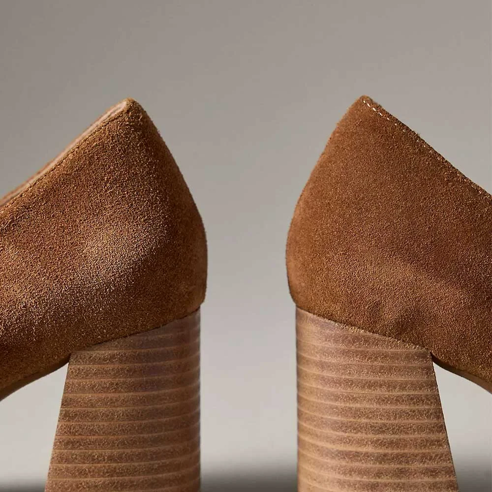 Brown Vegan Suede Square Toe Block Heel Mary Jane Pumps Shoes