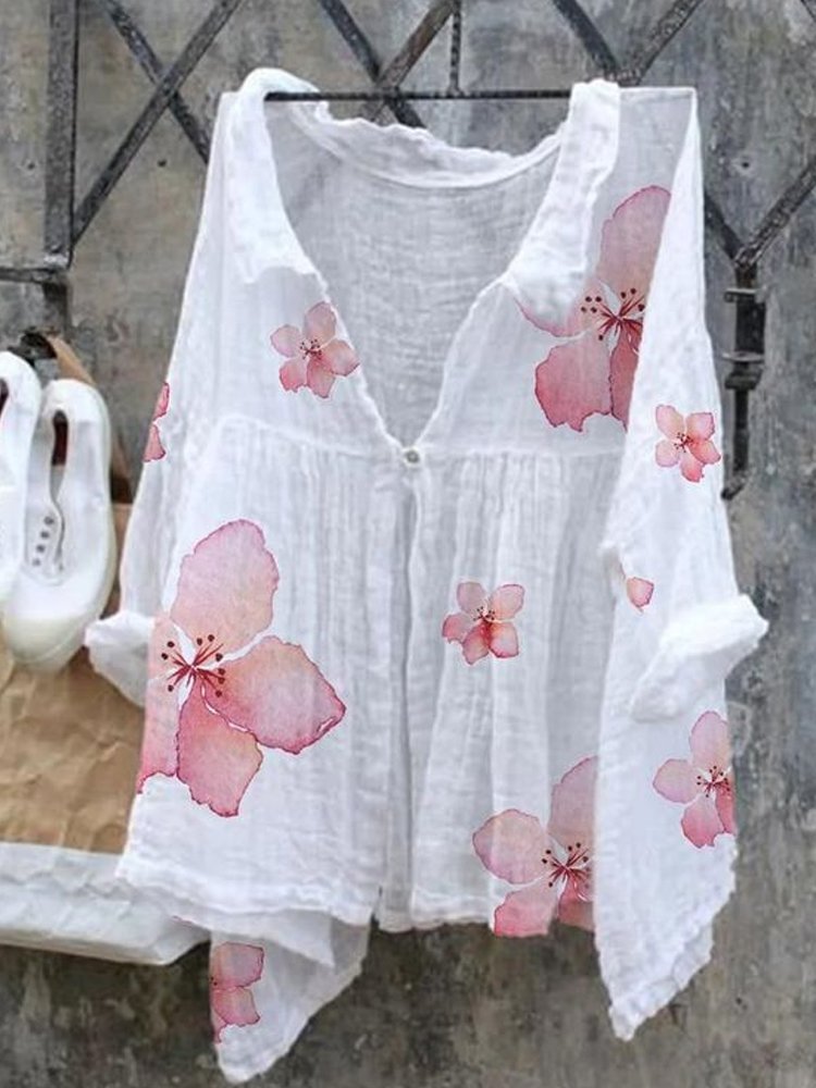 Casual Printed Long Sleeve Cotton Linen Top