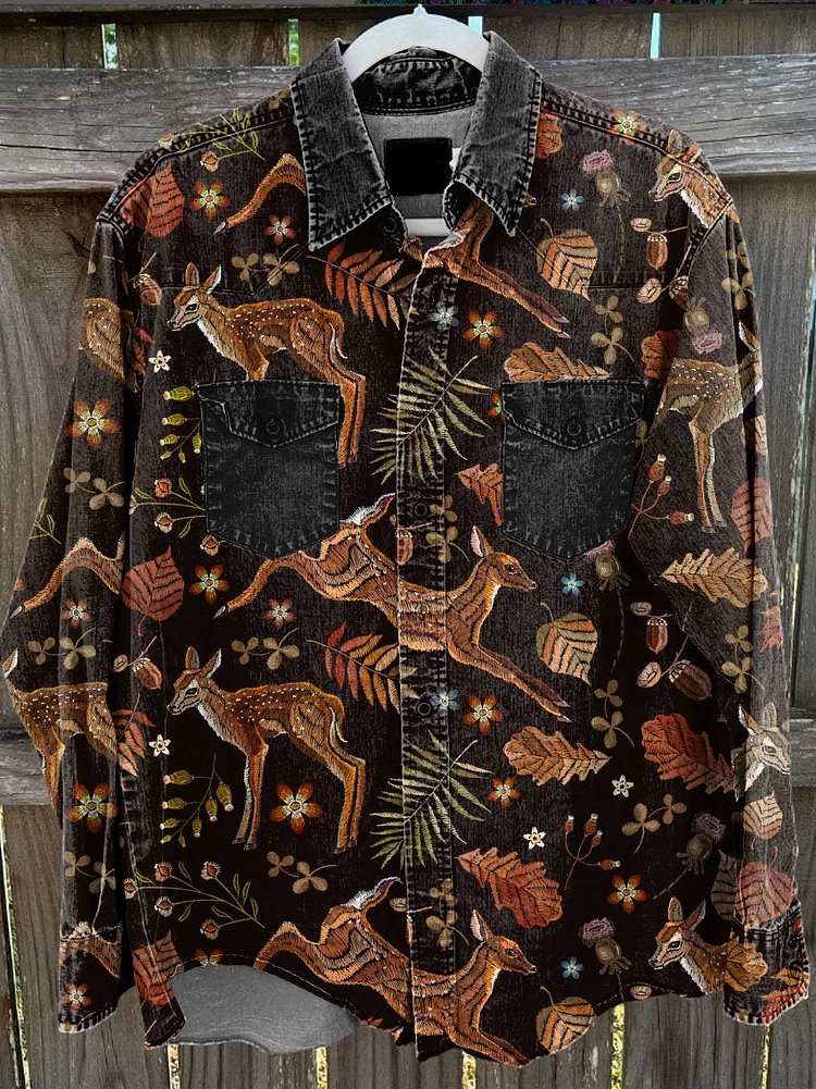Men's Black Deer Vintage Stripe Print Casual Shirt