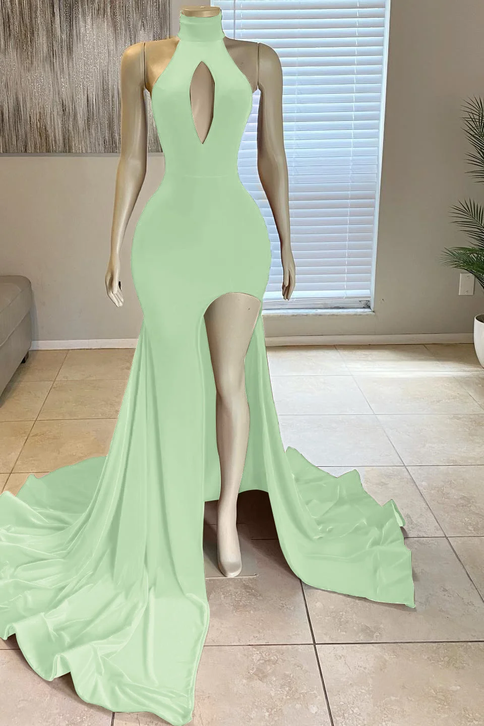 Glorious Velvet Red Front Split Mermaid High-Neck Prom Dress Online ED0033