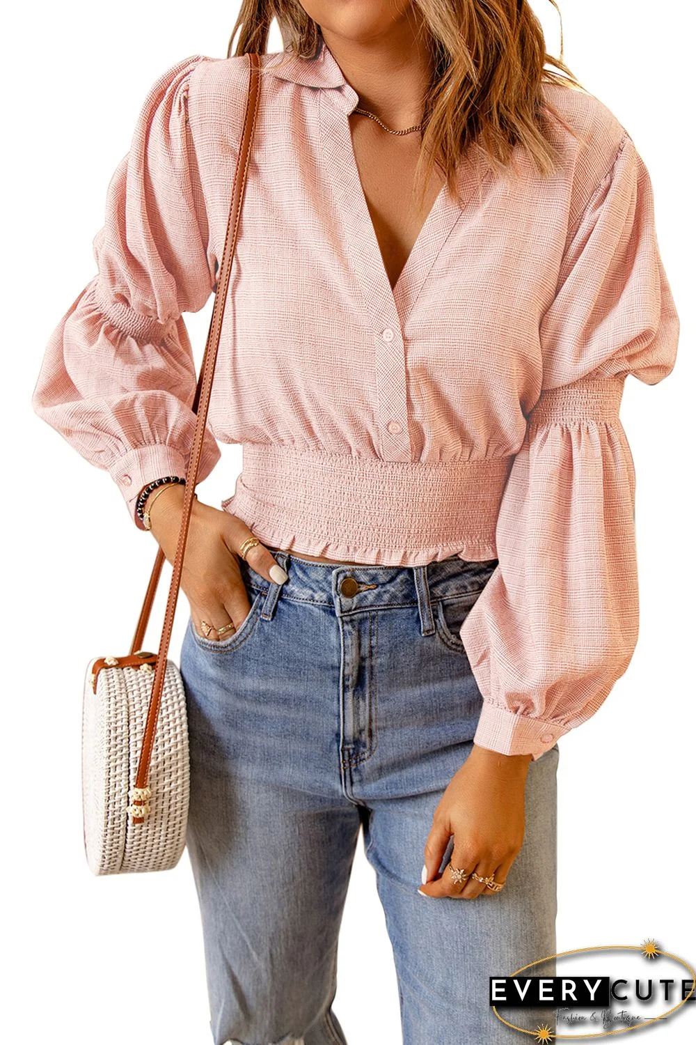 Pink Bubble Sleeve Smocked Crop Top