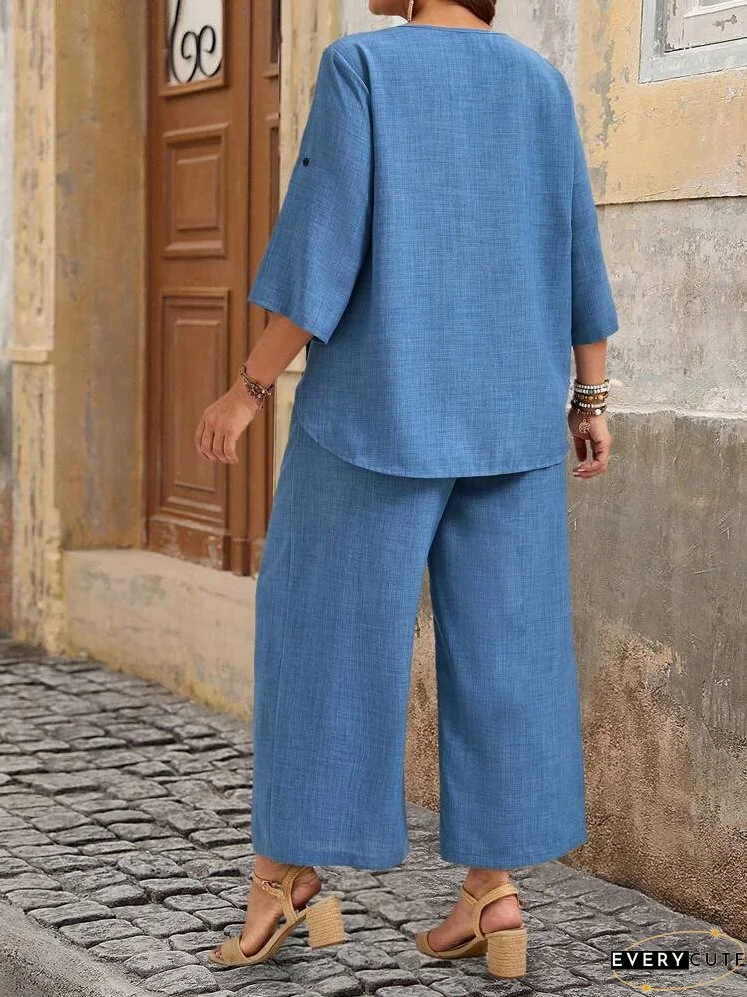 Summer Plus Size Women's Buttoned Round Neck Rolled Sleeve Shirt And Wide Leg Loose Pants Two-Piece Set