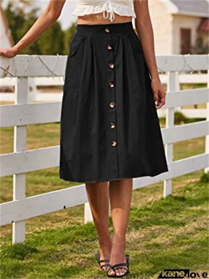 Summer Leisure High Rise Mid Length Button Up A-line Skirt for Women