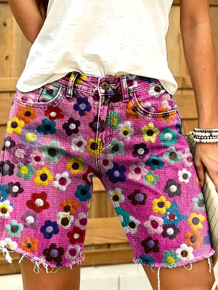 Women's Colorful Retro Petal Art Print Denim Shorts