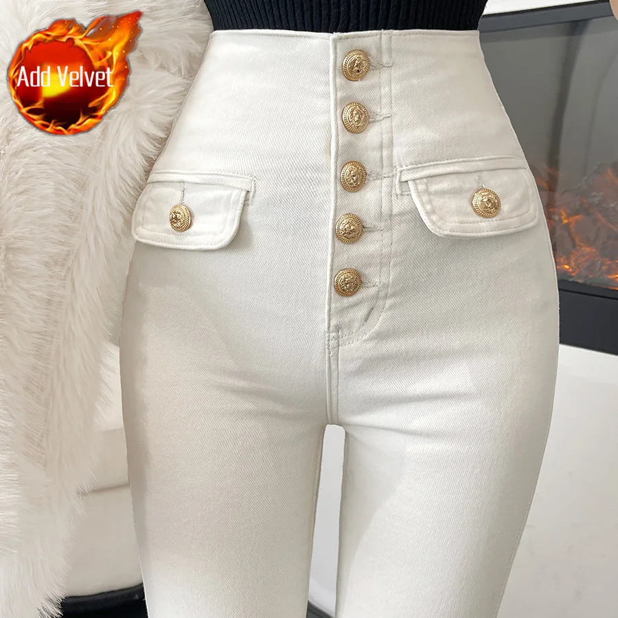 Versusstols White Female Denim Pants Thick Slim Fit Trousers Warm Black Fleece-lined Women's Jeans Pencil Skinny High Waist Shot Cheap Shiny