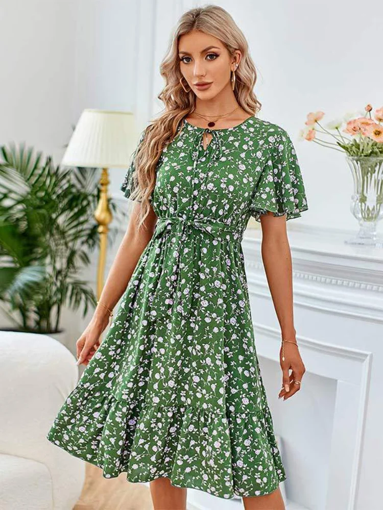 Women's Summer Fashion Floral Bow Knot Round Neck Midi Dress
