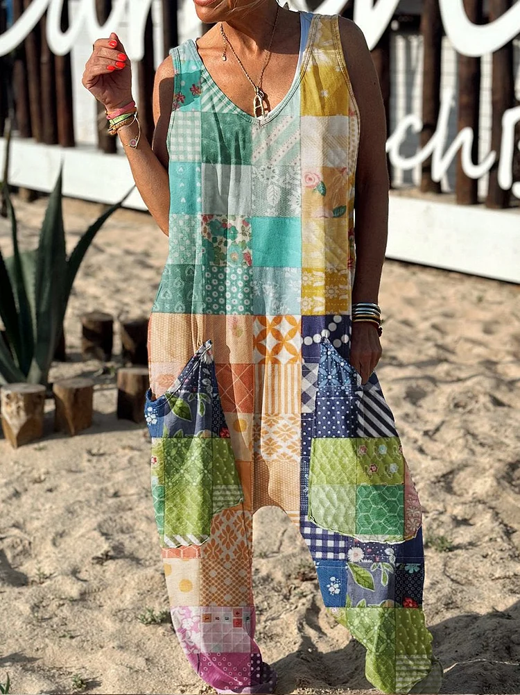 Retro Floral Pattern Hippie Art Print Casual 100% Cotton Wide Leg Jumpsuit