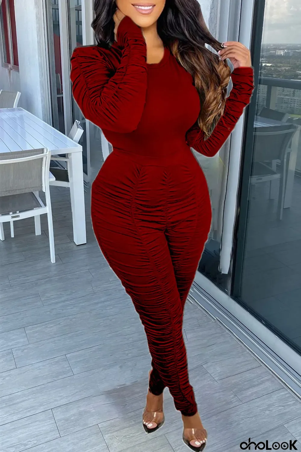 Burgundy Casual Solid Split Joint Fold O Neck Long Sleeve Two Pieces
