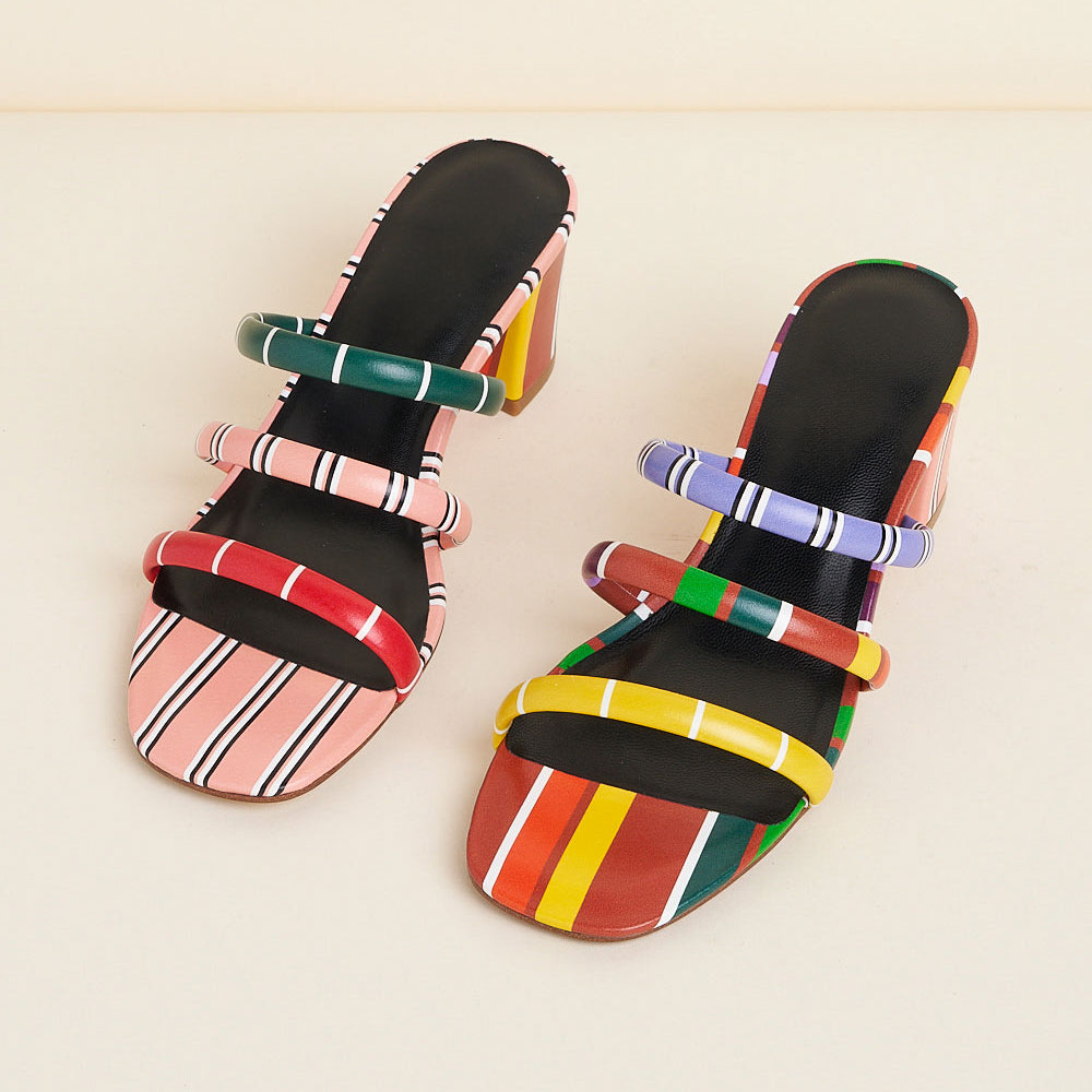 Colorful Stripe Square Toe Chunky Heel Mule Shoes for Women Nicepairs