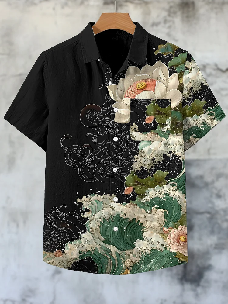 Men's Japanese Waves Lotus Art Print Short Sleeve Shirt
