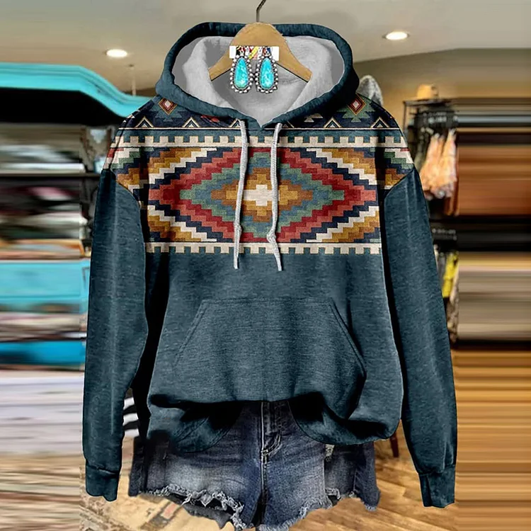 Utbros Retro Geometric Print Casual Hoodie