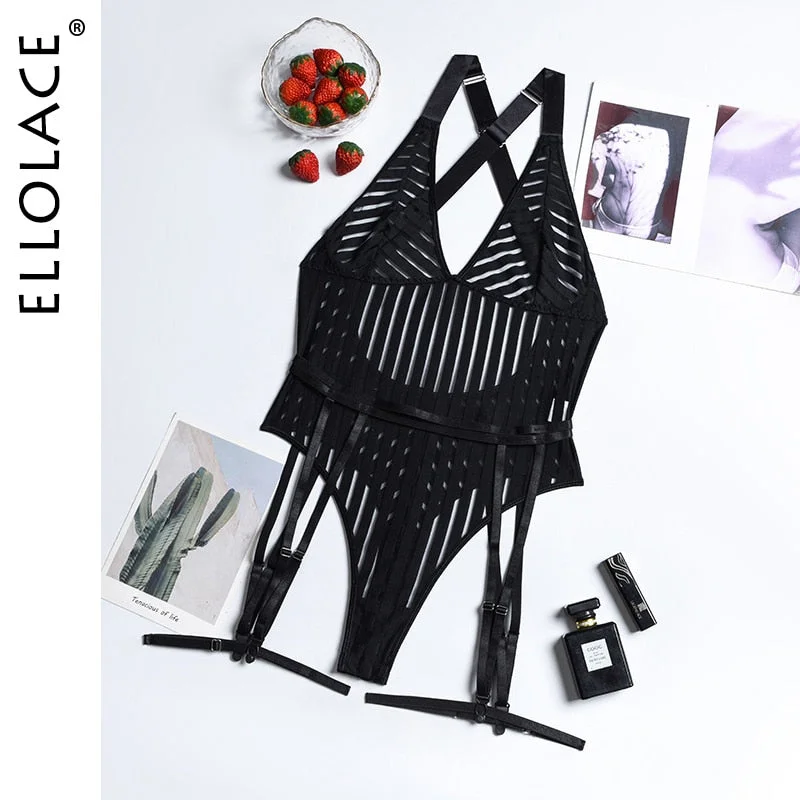 Ellolace Strip See Through Lingerie Bodysuit Deep-V Halter Erotic Costumes Porn Sissy Hot Sexy Bottom Whore Backless Sex Body