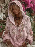 Classic Bohemian Style Pink Rose Vintage V-neck Hoodie - Image 3
