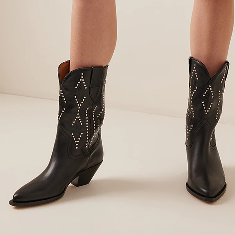 Black Pointed Toe Rhinestone Wild Calf Mid Calf Chunky Heel Cowgirl Boots |FSJ Shoes