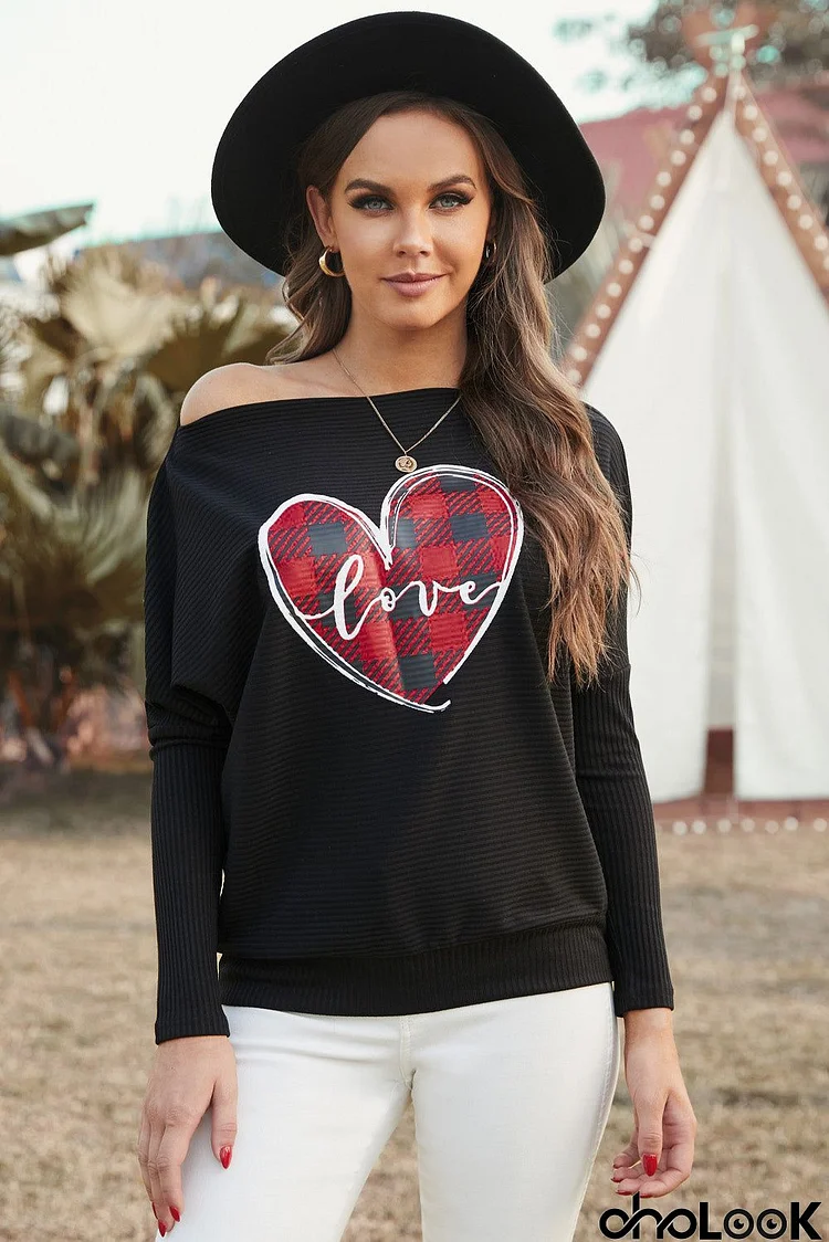 Black Valentine Love Heart Plaid Printed Splicing Bat Sleeve Top