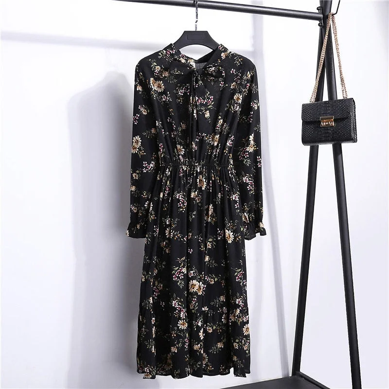 Autumn Chiffon Shirt Dresses Long Sleeve Polka Dot Plaid Office Vintage Dress 2022 Women Summer Casual Midi Floral Dress Vestido
