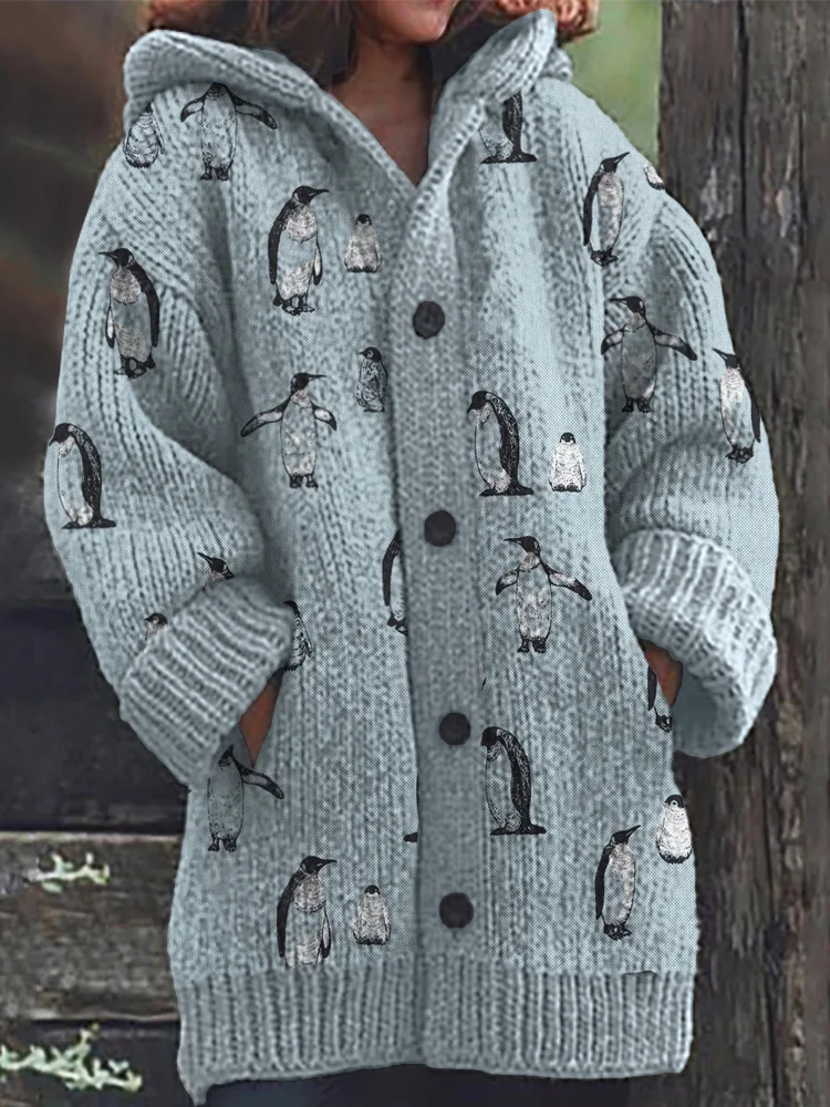 Vintage Penguins Pattern Cozy Hooded Cardigan