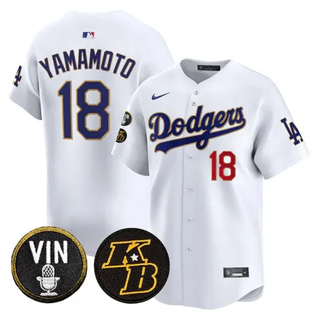 Youth Los Angeles Dodgers #18 Yoshinobu Yamamoto White 2026 Vin & Kobe Patch Gold Trim Vapor Premier Limited Stitched Baseball Jersey