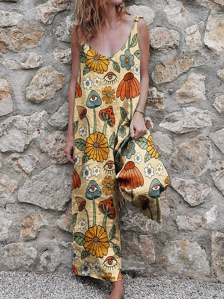 Women's Vintage 70s Floral Pattern Print Casual Strap Wide Leg Pants