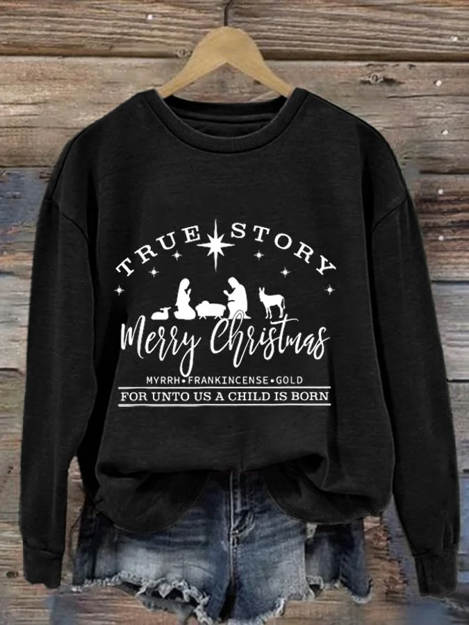Women's Merry Christmas For Unto Us A Child Is Born Printed Casual Crew Neck Sweatshirt