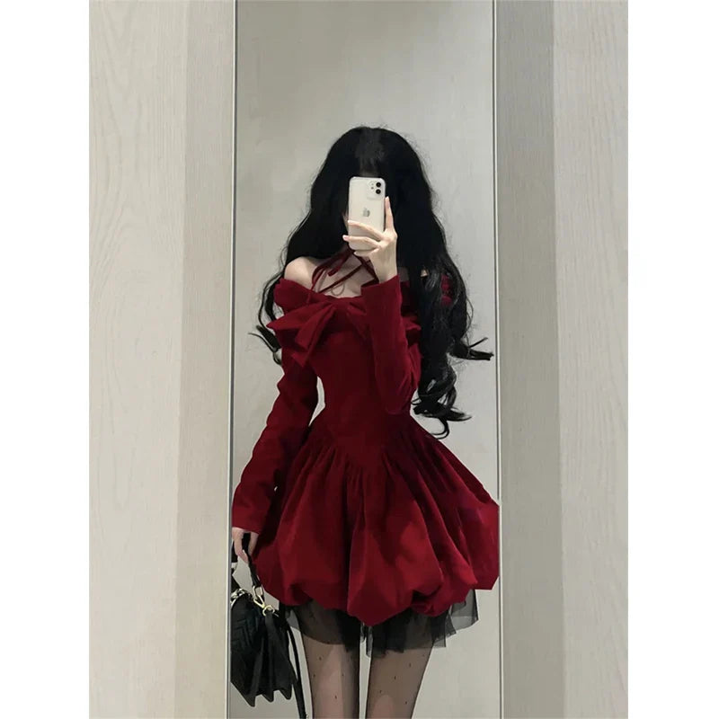Aiertu Vintage Bow Mini Dress Women Y2K Sexy Slash Neck Red Velvet Dresses Winter Kawaii Christmas Party Bodycon A Line Vestidos aiertu