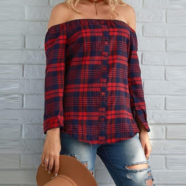 Women Plaid Shirt Sexy Off Shoulder Long Sleeve Tops Shirt Slash Neck Blouses | EGEMISS