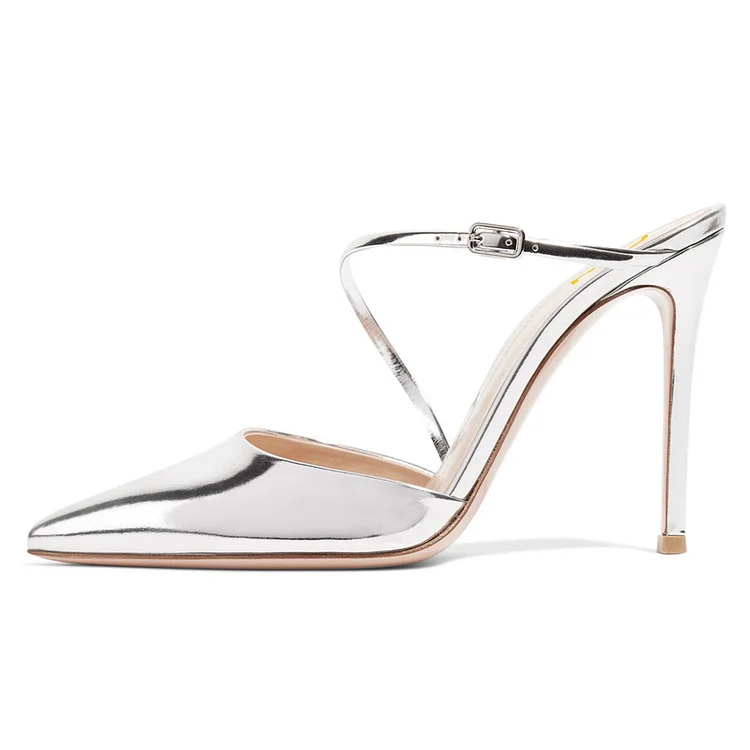 Silver Metallic Mirror Leather Pointy Toe Mule Heels |FSJ Shoes